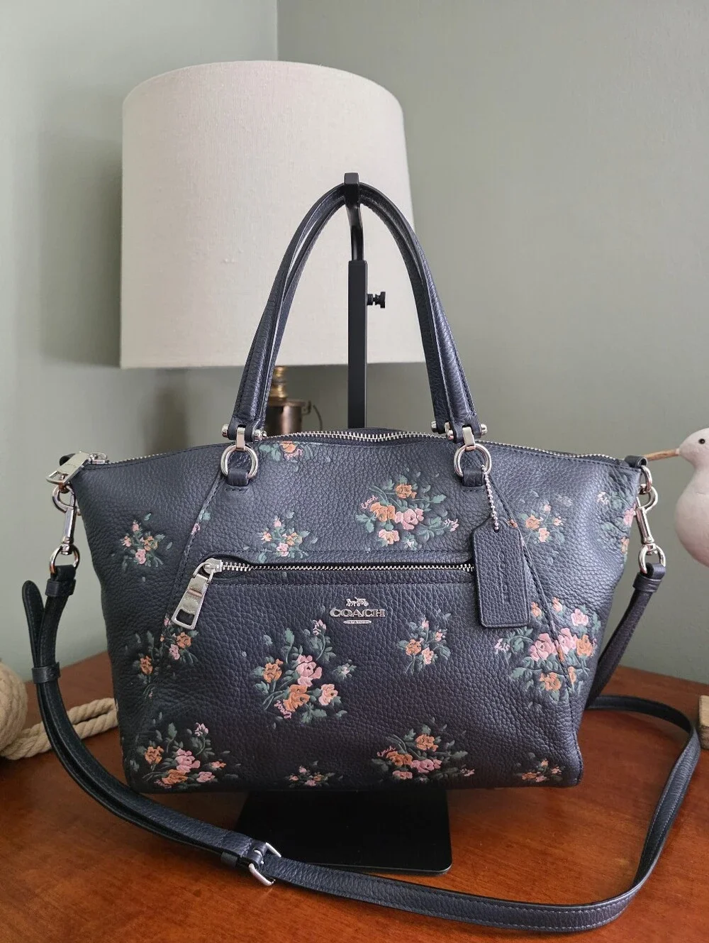 Coach 91603 Prairie Satchel Rose Bouquet Navy Pebbled Leather Crossbody Bag